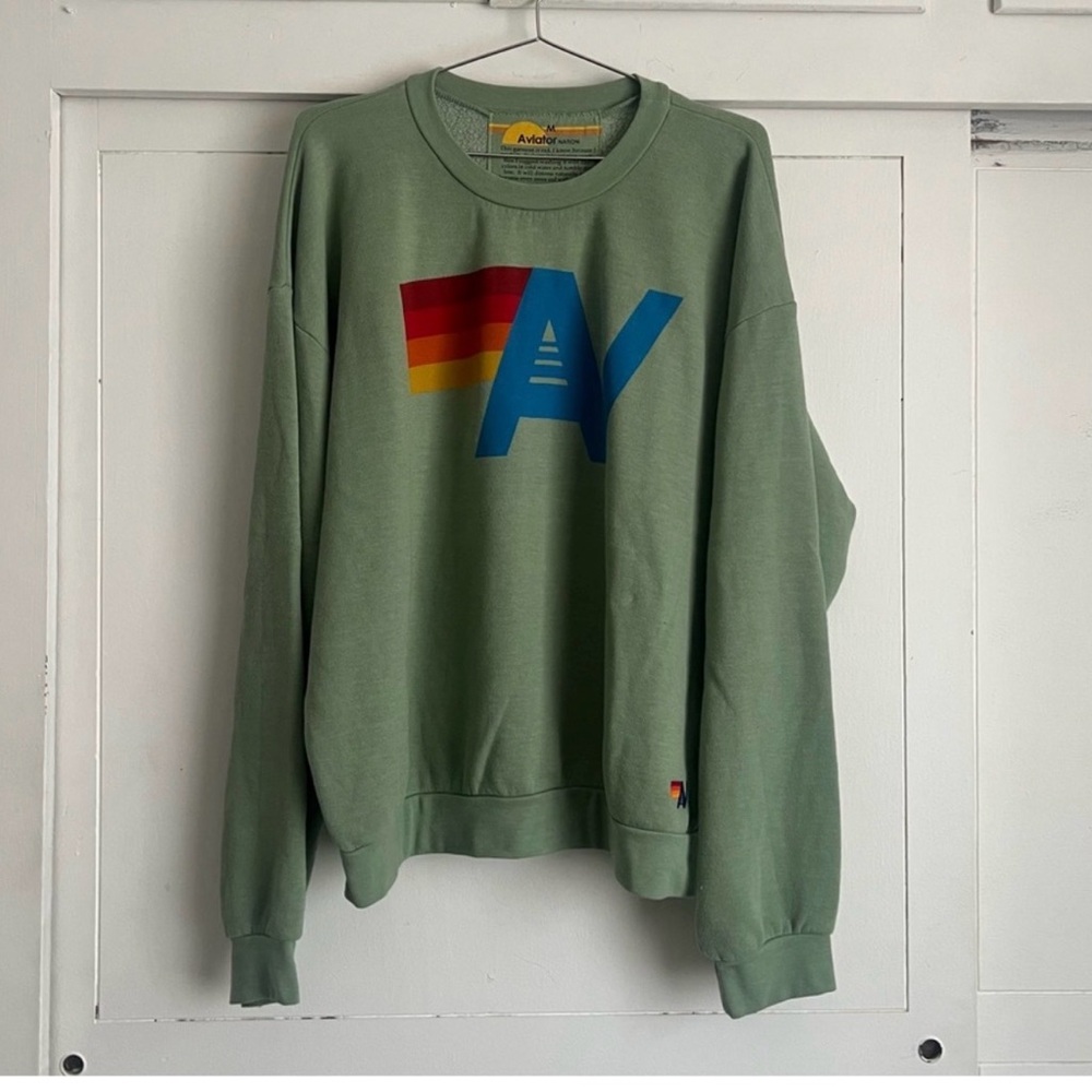 Aviator Nation Sage Green Logo Crewneck with Rainbow Accent